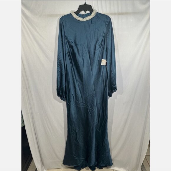NWT IEENA Mac Duggal [ 10 ] Satin Long Blouson Sleeve Gown Sapphire Blue‎ #Q477 - Picture 11 of 16